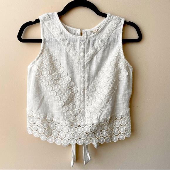 Cute Cream Woven Lace Boho Crop Top Bow Back - Picture 2 of 9